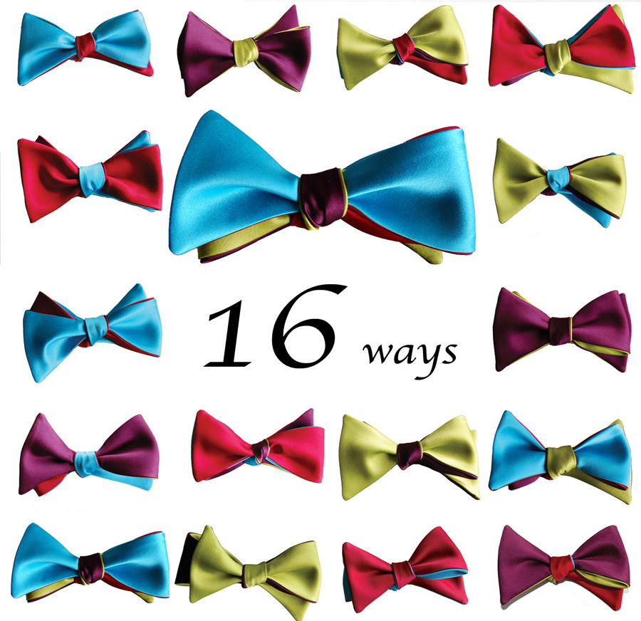 A bow tie that can be tied and worn 16 different ways