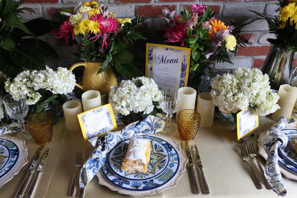 blue and yellow tablescape