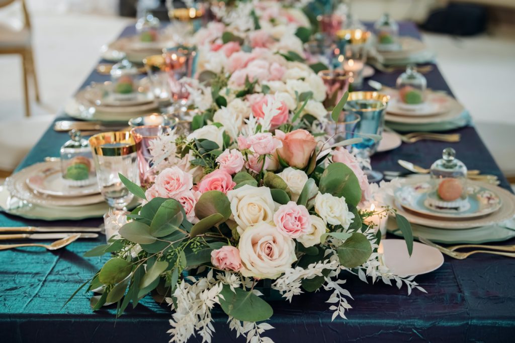 Whimsical and elegant luxury wedding table setting in downtown Toronto.