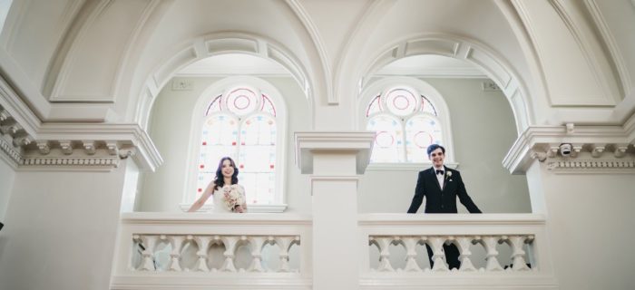 a wedding couple from below