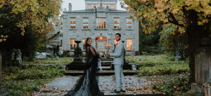 bride and groom in a black wedding dress for an eerie halloween wedding