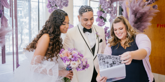 Wedding planner with bride and groom at wedding