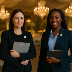 A photo of a wedding planner and a venue coordinator working together at a wedding