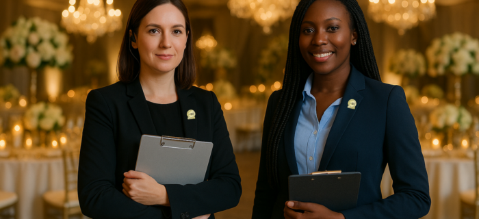 A photo of a wedding planner and a venue coordinator working together at a wedding