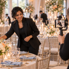A wedding planner being filmed by a content creator while setting up the wedding reception.